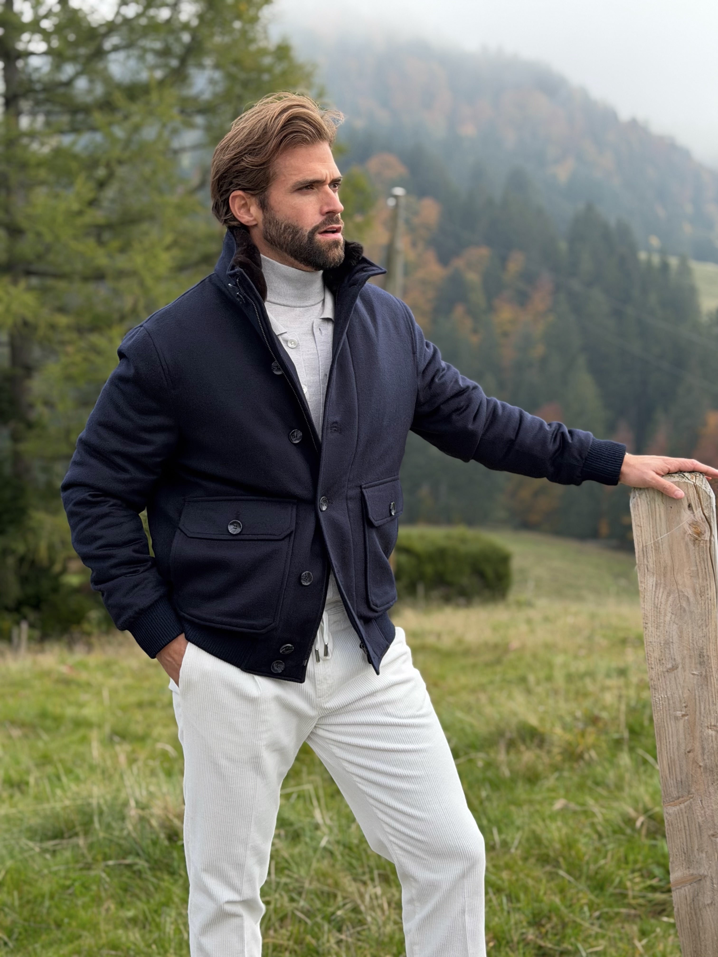 Blouson with Fur Collar - Navy